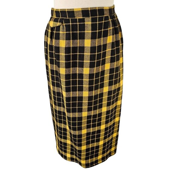 Synonyme 70s Yellow Black Plaid Wool Midi Skirt Size S Side Buttons French Made - Picture 11 of 11